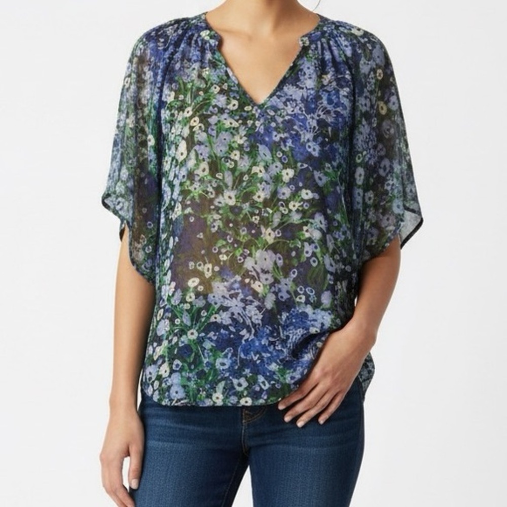 Fei by Anthropologie 100% Silk Boho Peasant Floral Sheer Top Shirt 8 - M